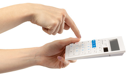 hands with calculator isolated on white background