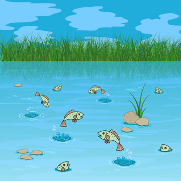 The cartoon summer lake with fishes
