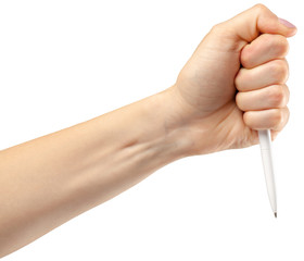 Female hand on a white background with a pen