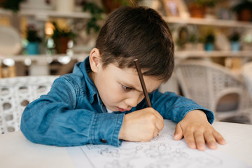  Little boy, 4-5 year old, sits at a table and draws a brown pencil