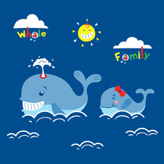 Obraz premium whale family in the sea. cute vector cartoon illustration