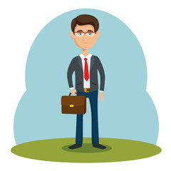 Businessman with briefcase over blue green and white background vector illustration