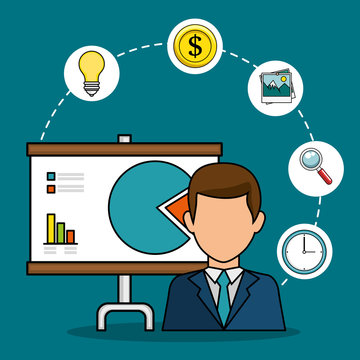 Businessman avatar with stats poster and strategy related objects over white background vector illustration