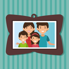 Cute family portrait with  frame over teal striped background