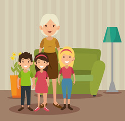Grandma and grandchildren at the living room colorful design vector illustration