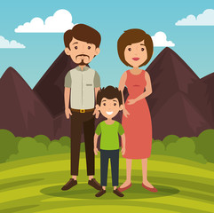 Standing family with outdoors landscape behind vector illustration 