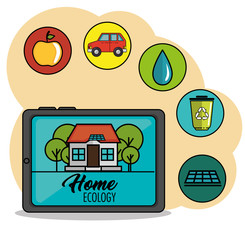 Fototapeta premium Tablet with house and home ecology sign next to related icons over peach and white background vector illustration