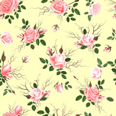 Roses seamless pattern. A bouquet of delicate flowers, buds and twigs. Vekton Illustration EPS10