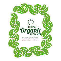 100 percent organic products label with leaves and hand drawn apple over white background vector illustration
