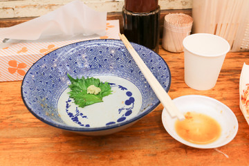 The empty Japanese bowl with wasabi and green vegetable on it at Ameyoko market, Japan