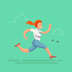 Fototapeta na wymiar A sporty running girl in flat design