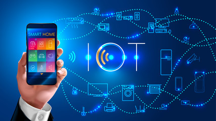Internet of things. businessman holding phone in his hand and controls the smart home wirelessly, vector concept on blue background. Logo iot.