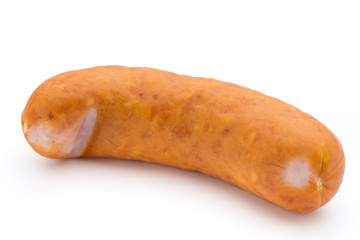 Sausage and spices isolated on white background, fresh delicious frankfurter.