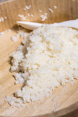 cooked japanese rice in wooden bowl
