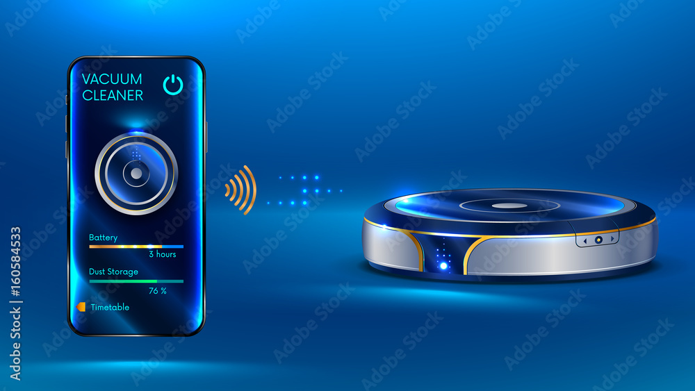 Poster intelligent vacuum cleaner. the robot vacuum cleaner communicates with the smartphone via wireless. 