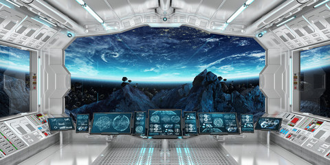 Spaceship interior with view on the planet Earth 3D rendering elements of this image furnished by NASA © sdecoret