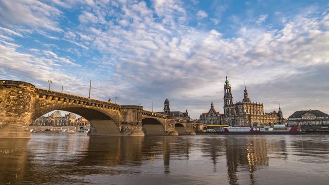 Dresden city skyline timelapse at Elbe River with Dresden Cathedral and Augustus Bridge, Dresden, Germany, 4K Time lapse