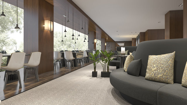 3d rendering luxury hotel reception and lounge restaurant