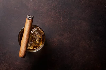 Deurstickers Whiskey with ice and cigar © karandaev
