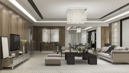 3d rendering luxury and modern living room with chandelier