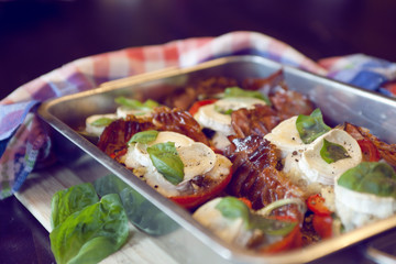 skillet with red paprika/pepper and goat cheese