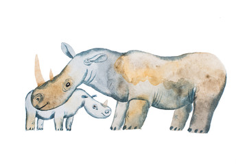 Two hippos drawn with watercolors. Mother s day card idea. Hippopotamus and a baby