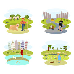 People with Dogs set. Flat Cartoon Character of pet and his owner. Colorful Vector Illustration eps 10