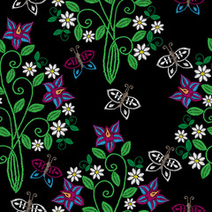 Seamless pattern with embroidery stitches imitation flower and leaf with butterfly