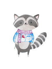 Hand drawn cartoon character. Shy cute little baby raccoon wearing scarf and shirt holding a flower