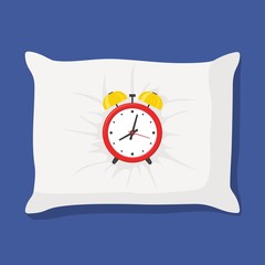 Sleep red alarm clock on white pillow isolated on blue background. Vector illustration.