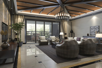 Fototapeta na wymiar 3d rendering tropical style resort suite living reception and lounge