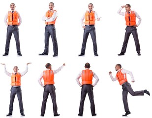 Obraz premium Man in life jacket isolated on white
