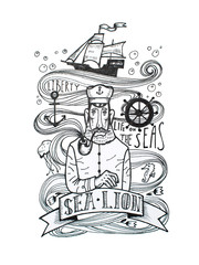 Black and white drawing of captain smoking a pipe with sea symbols behind his back