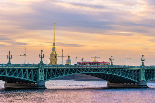 Troitsky Bridge at sunset, St Petersburg, Russia