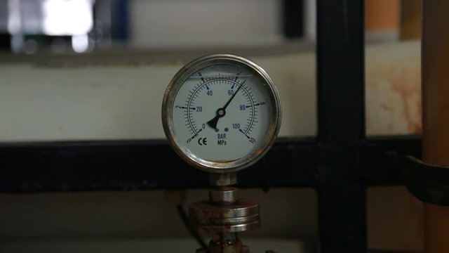 Reverse osmosis system pressure guage in a water filtration plant in Penghu, Taiwan. Reverse osmosis and nanofiltration are pressure-driven separation processes. Zoom.