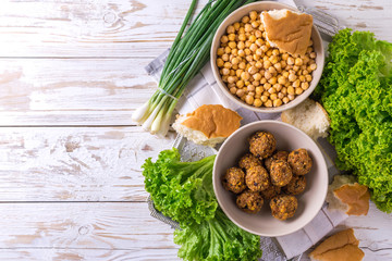 Falafel and chickpea. Jewish Cuisine. Top view