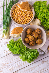 Falafel and chickpea. Jewish Cuisine. Top view