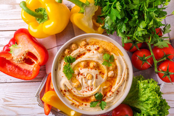 Hummus and chickpea. Jewish Cuisine. Top view