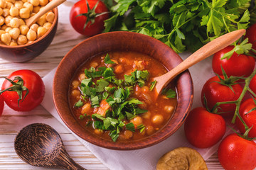 Soup Harira with figs. Ramadan food. Traditional Jewish cuisine