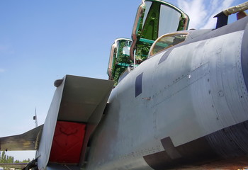 Fototapeta na wymiar the cockpit of a military aircraft outside, closeup