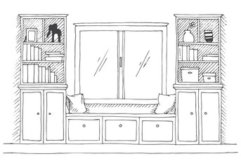 Modern interior. A place to relax before the window. On the sides of the bookcases. Vector illustration of a sketch style.