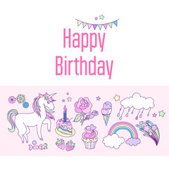 Obraz premium Happy birthday holiday card with cloud, fireworks, unicorn, stars flags, and rainbow on pink background