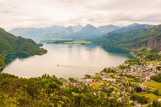 View of alpine village St. Gilgen and Wolfgangsee lake from Plomberg mountain, Austria