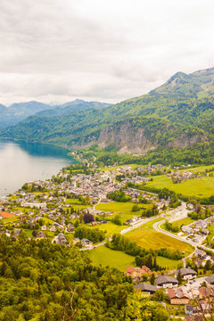 View of alpine village St. Gilgen and Wolfgangsee lake from Plomberg mountain, Austria