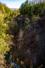 High angle view of steep riverbank in valley, summer, Ontario, Canada.