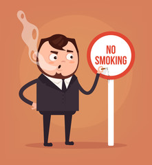 Bad rude man office worker character smoking near sign no smoke. Vector flat cartoon illustration