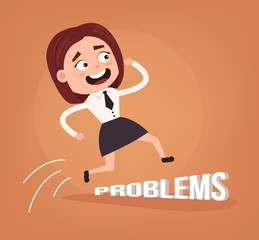 Happy smiling optimistic business woman office worker character jump over problems. Vector flat cartoon illustration