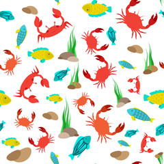 eamless background in minimalism style with crabs and fishes. Vector template for gift, wrapping or packing paper.