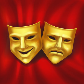 Theatrical gold mask on a red background. Vector realistic illustration