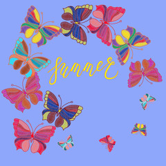 Fototapeta na wymiar Colored butterfly on a blue background, vector illustration
